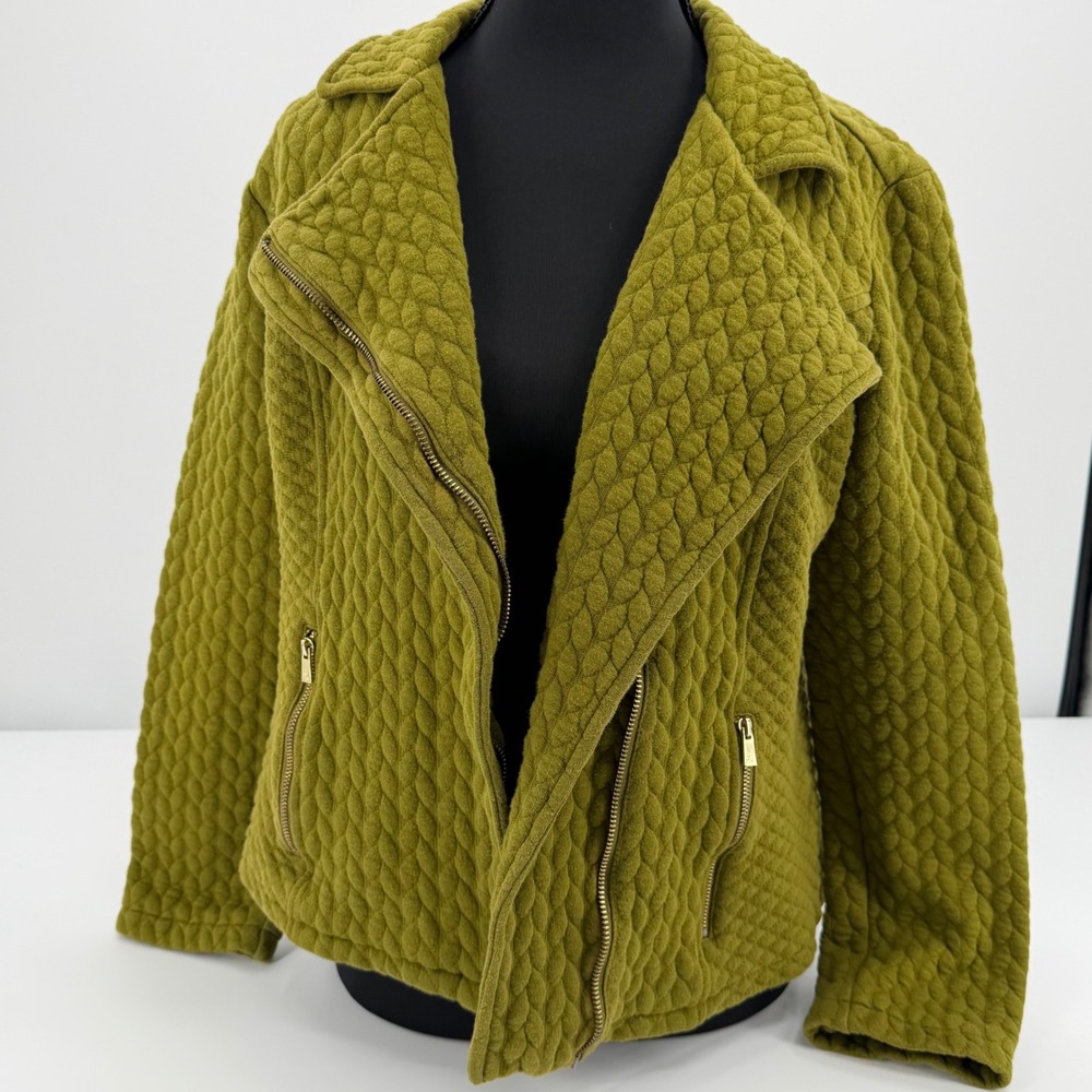 Isaac Mizrahi Live Quilted Moto Jacket XS Olive Green asymmetrical Zip Textured